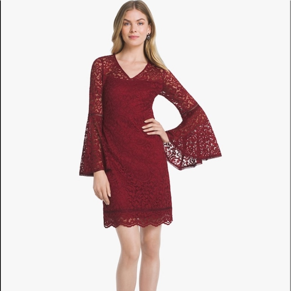 WHBM Cranberry Red Lace Bell Sleeve V Neck Dress 2